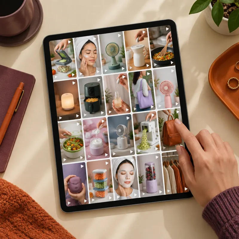 Tablet memaparkan grid video produk